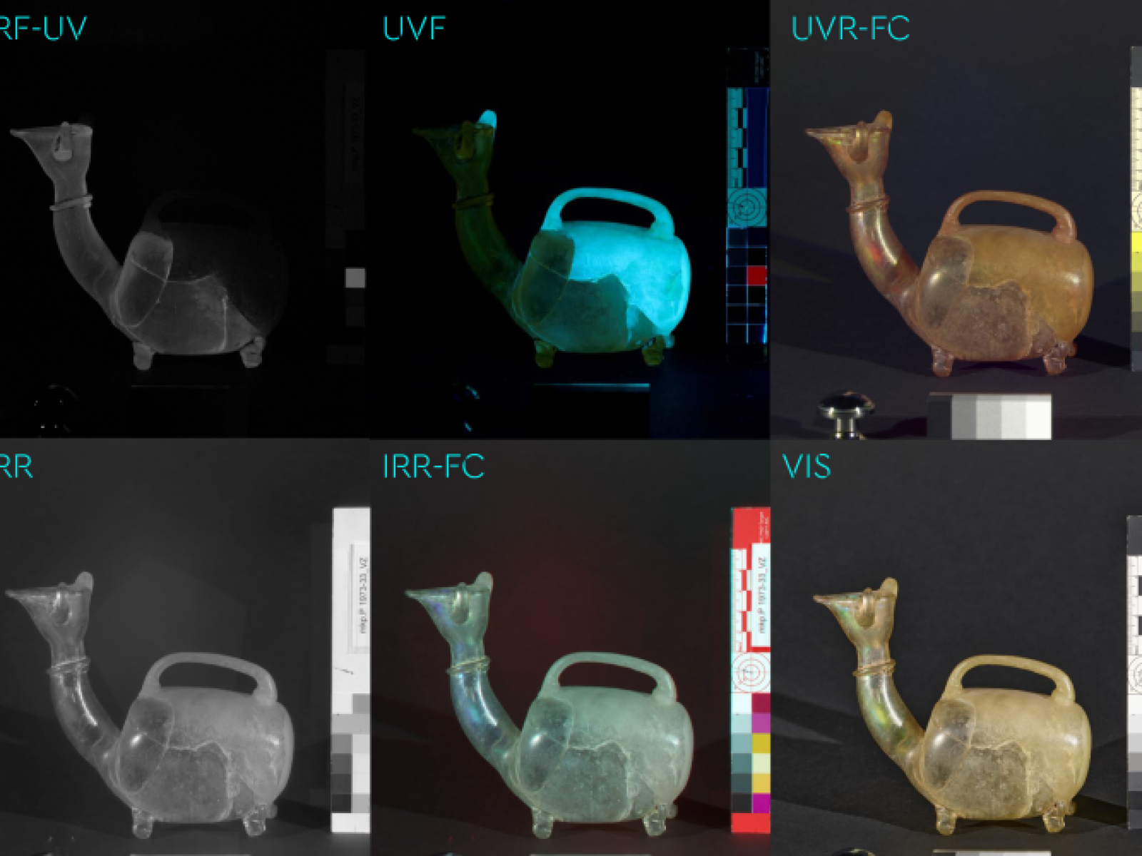 Vergleich von 6 Multispektralaufnahmen einer Flasche in Tiergestalt.